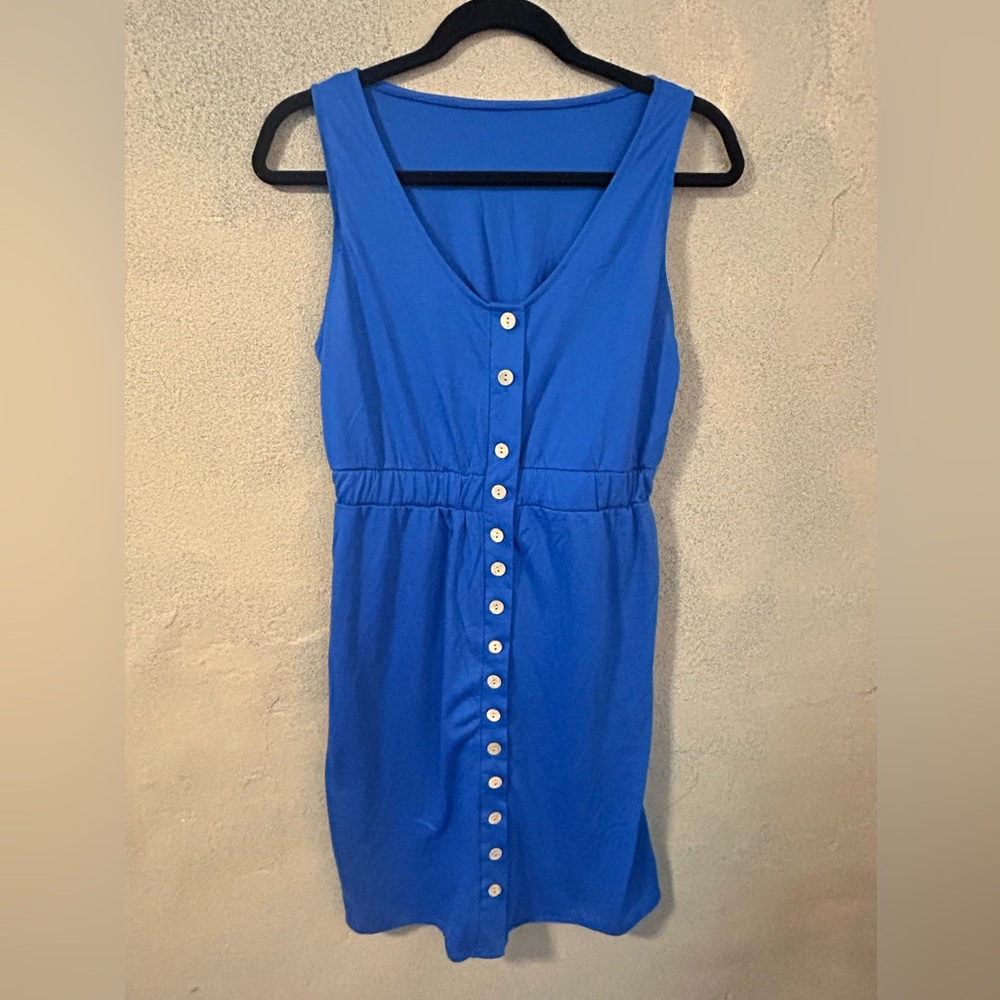 Blue cotton summer dress with tan buttons